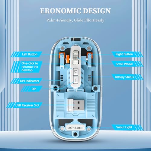 Veout Wireless Bluetooth Mouse, Portable Silent Click Rechargeable Mouse with USB Receiver, 3-Level DPI, Compatible with Laptop, PC, Mac, Tablet, Phone - color: Mouse-Bule