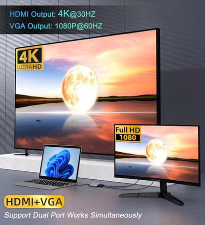 USB C to HDMI VGA Adapter for Dual Monitor, 4 in 1 USB C Hub with 4K HDMI, 1080P VGA, USB 3.0 5Gbps, 100W PD Compatible for MacBook Air/Pro, Dell XPS, Surface, iMac More - style: 4-in-1