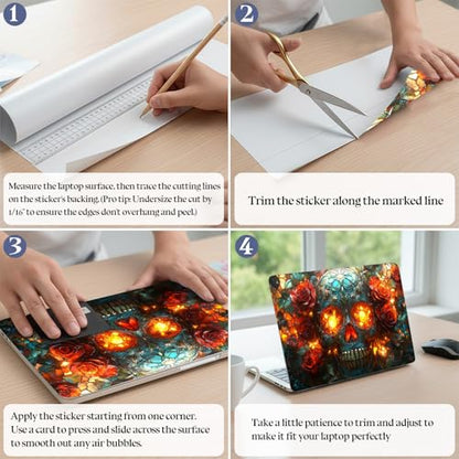 Universal Laptop Skin Sticker Decal,15.6 Inch Laptop Vinyl Cover for 13" 14" 15.6" Laptop,Scratch-Resistant Waterproof Protector Wrap,Reusable with Wrist Pads,Stained Glass Skull Roses - color: Stained Glass Skull Roses