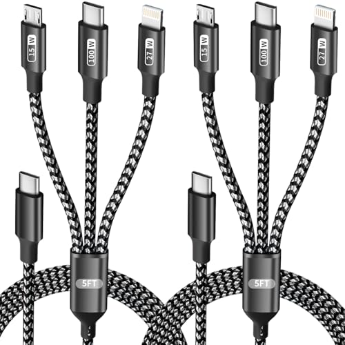 100W USB-C Multi Charging Cable with E-Mark Chip, USB C Cable Fast Charging | 3 IN 1 Universal Multiple Charger Cord with Type-C, Micro USB, IP Port for iPhone17-12/Cell Phones/Car and More (2Pack 5FT) - color: Blackgrey, size: 2Pack 5FT