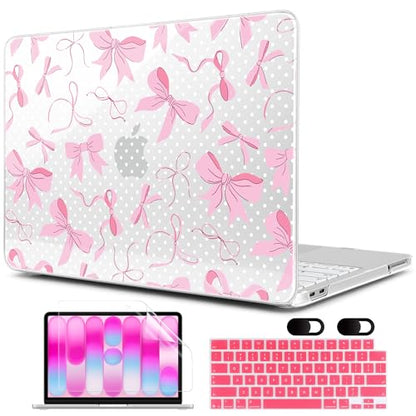 MEEgoodo Printed Case for New MacBook Neo 13 inch 2026 Release(Fit Model A3404), Laptop Hard Shell Cases with Keyboard Skin & Screen Protector & Webcam Covers, White Polka Dots& Cute Bows - color: White Polka Dots& Cute Bows