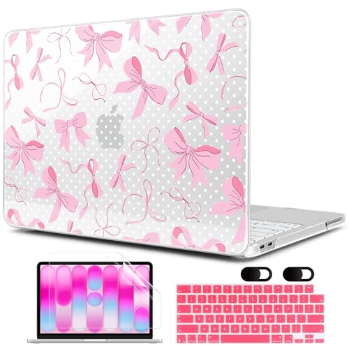 MEEgoodo Printed Case for New MacBook Neo 13 inch 2026 Release(Fit Model A3404), Laptop Hard Shell Cases with Keyboard Skin & Screen Protector & Webcam Covers, White Polka Dots& Cute Bows - color: White Polka Dots& Cute Bows