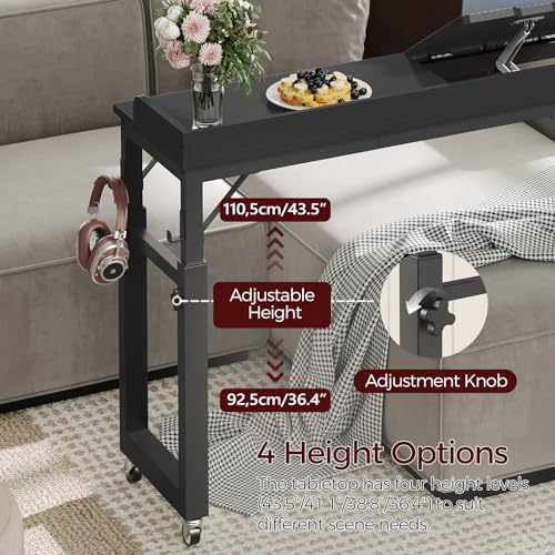 MAHANCRIS Overbed Table with Wheels, Queen Size Adjustable Rolling Desk | Height & Angle Adjustable Rolling Overbed Table with Bookshelf, Cup Holder, 4 Hooks, Lockable Wheels, Fits Bed/Sofa/Recliner - color: Black