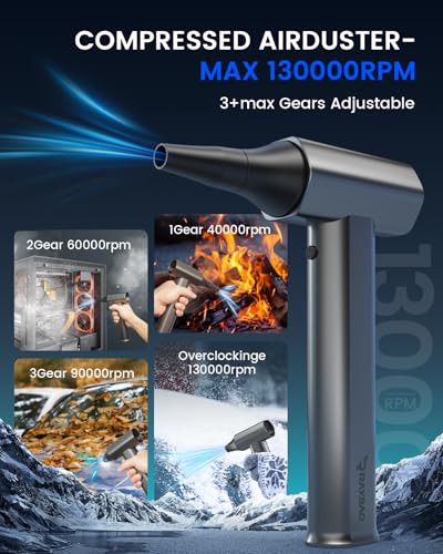 Electric Air Duster, Brushless Powerful Motor, Blower for PC Keyboard, Car | Lightweight Compressed Air Duster, 4-Gear, Metal Body, Turbo Blower Blower Rechargeable for Electronics, Cleaning