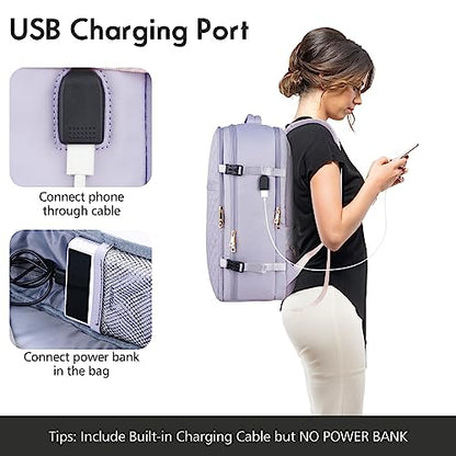 Large Travel Backpack Women, Flight Approved Carry On Backpack, Water Resistant Anti-Theft Large Casual Daypack Fit 17 Inch Laptop with USB Charging Port - color: Purple, size: 17.3 inch