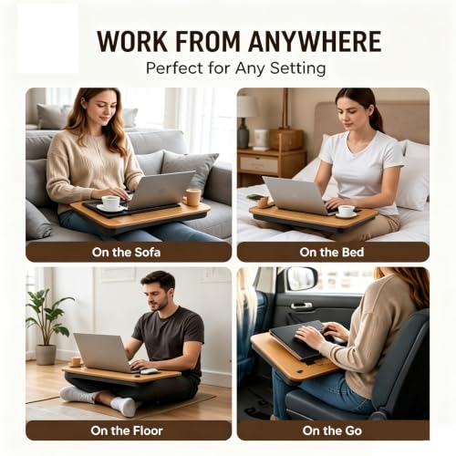 Wooden Lap Desk with Cushion,Work from Home Solution, Lightweight, Fits up to 17 inches Laptop,Lightweight Stand with Soft Wrist Pad,Laptop Pad for Couch