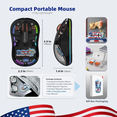 FMOUSE Transparent Wireless Mouse, 2 Cute 2026 Figurines, Tri-Mode, Black | Rechargeable | USB-A & USB-C Receivers for Mac, iPad, Laptop | 2.4G & Dual Bluetooth | Silent Clicks | RGB | Portable - color: Black