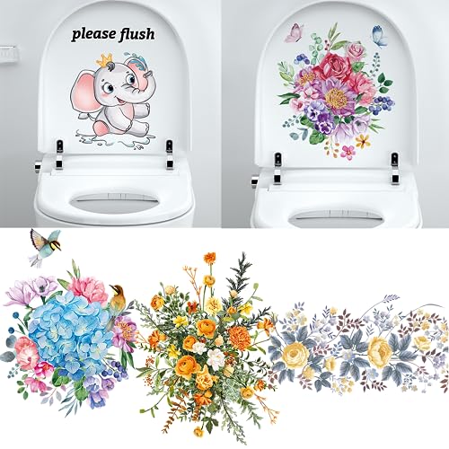 5Sheets Birds and Flowers Bathroom Toilet Seat Wall Sticker, Self-Adhesive Floral Toilet Lid Decals,DIY Removable Watercolor Bouquet Toilets Stickers for Cistern Bathroom WC Restroom Decor - color: Style-k