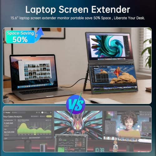 Portable Monitor 15.6" Dual Foldable FHD USB-C Laptop Screen Extender | FHD 1080P Ultra-Slim Travel IPS Display with HDR,100% sRGB VESA & Built-in Speakers for Mac Phone PS5 Xbox Switch - size: Dual15.6