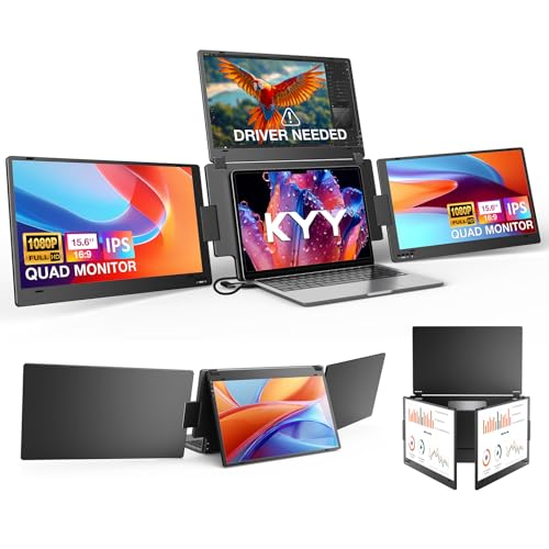 KYY Laptop Screen Extender Driver Need, 15.6'' Quad Portable Monitor Laptop | Triple Monitor for Travel 1 Cable Connect, Auto-Rotation Top Display, Portable Monitor w/Stand, Windows MacOS Linux(Ubuntu) - color: Black