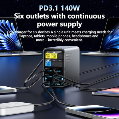 140W 6-Port (4 USB C+2 USB A) GaN Fast Charging Station, Compact Charger Hub with TFT-LCD Display for MacBook, iPhone, iPad, Samsung, Laptop, Tablet - Black