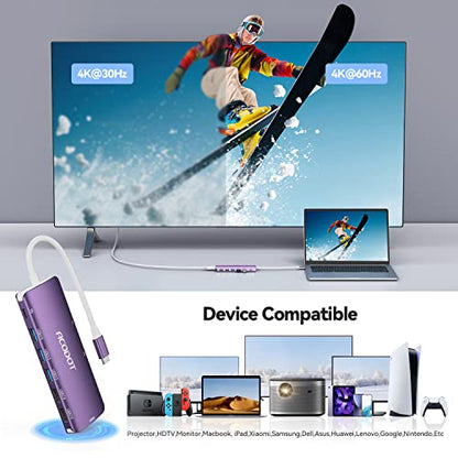 USB C Hub, 9-in-1 Multi-Port USB Adapter, 4K@60Hz HDMI, 100W Max PD, 3 USB3.0(5Gbps) + 2 USB2.0 Data Ports, SD/TF Card Reader for MacBook, iPad Pro, Dell, HP, Lenovo, Windows Laptop, Purple - color: Purple