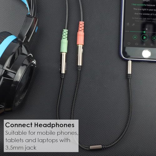 Mepsies Headphone Splitter, 3.5mm Aux Plug to Dual Jack Headset Mic Adapter | Stereo Audio Microphone Y Splitter Extension Cable for Laptop, Smartphone, Tablet, Headset, Speaker and More