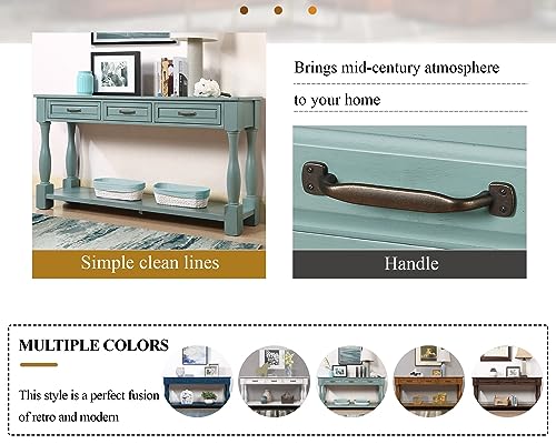 63.4" Solid Wood Console Table with Drawers,Farmhouse Entryway Table | 63.4" Sofa Table with Storage Drawers and Shelf;Solid Wood Entryway Table for Hallway,Foyer,Easy Assembled, Retro Green - color: Green