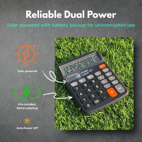 TRULY 12-Digit Desktop Calculator with Large Display, Big Buttons, Dual Power (Solar + Battery), Metal Finish, Ideal for Office, Home, School – 837A Pro Black - color: Black