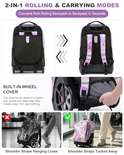 NEW TILAMI 19 Inch Rolling Backpack with Lunch Bag School Stair-Climbing | Stair-Climbing Teen Boys Girls Carry-on Suitcase Large Compartment 15.6 Laptop Sleeve Adjustable Handle Roller Travel Bag - color: Purple Butterfly