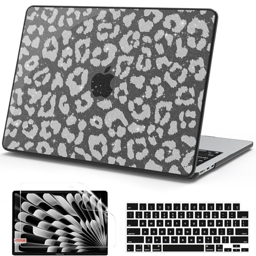 AKIT Compatible with MacBook Air 13 inch Case Sparkly M5 2026 2025-2022 M4 M3 M2 A3240 A3113 A2681, Glitter Pattern [Anti-Cracking] Hard Shell Laptop Case for MacBook Air 13.6 inch, Silver Leopard - color: Silver Leopard