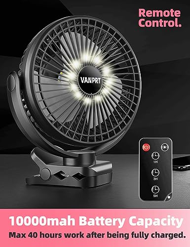 8'' Rechargeable Portable Hanging RV Tent Clip fan with Remote, 10000mAh Camping Fan, 3 Speed, Max 40 Hours Working Time, with LED light and Timer, 720°Rotation, as Emergency Power - Black - style: 8'' Rechargeable Camping Fan