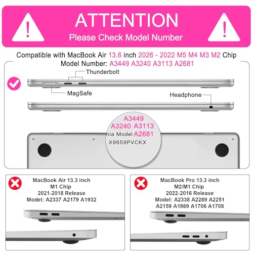 B BELK for MacBook Air 13.6 inch Case M5 2026 2025 2024 2023 2022 M4 M3 M2 | A3449 A3240 A3113 A2681, Plastic Hard Shell for MacBook Air 13 inch Case with Keyboard Cover & Screen Protector, Hot Pink - color: Hot Pink
