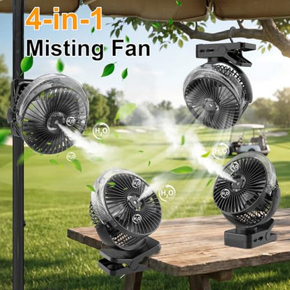 ELZO 12000mAh Clip on Fan, USB Desk Fan Rechargeable with Spray function | Hanging Hook & Magnetic & LED Light, Clip Fan Quiet 360° Rotation Portable for Desktop Stroller Office Tent Car RV