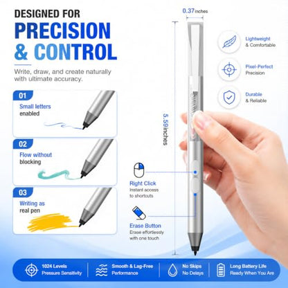 Active Pen for HP Omnibook Envy x360 Spectre Pavilion, Palm Rejection | 1024 Pressure Levels, 300-Day Battery, Dual Side Button, No Bluetooth, MPP 1.51 for Drawing & Note-taking - color: Platinum