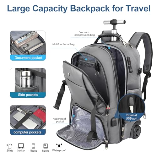 Backpack with wheels,rolling backpack with 2 Packing Cubes and compression bags,Laptop Compartment,Water Resistant Luggage suitcase,Air Travel,Weekend Trips (Grey) - color: Grey