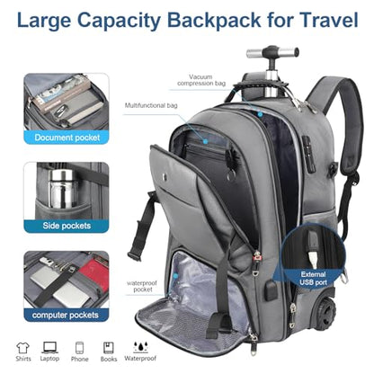 Backpack with wheels,rolling backpack with 2 Packing Cubes and compression bags,Laptop Compartment,Water Resistant Luggage suitcase,Air Travel,Weekend Trips (Grey) - color: Grey
