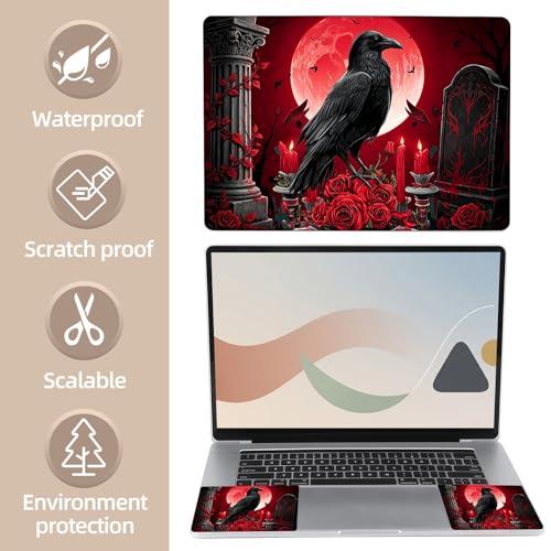 Universal Laptop Skin Sticker for 12/13/14/15.6 Inch Laptops, Reusable Vinyl Laptop Decal Cover, Waterproof Scratch Resistant Notebook Skin with 2 Wrist Pads,Black Raven Perched - color: Black Raven Perched