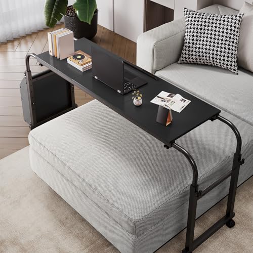 Overbed Table with Wheels,60.6-84.2 inches Mobile Bed Desk, Black | Rolling Computer Desk with 0-65°Tilt Stand,4 Heights and 6 Lengths,Side Storage Basket,for Home,Office and Hospital - color: Black