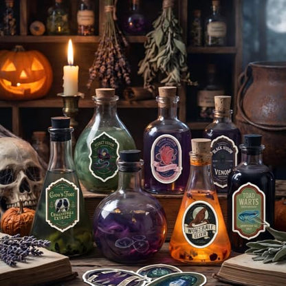 100 Pcs Halloween Potion Label Stickers, Dark Apothecary Decals | Spooky Witch Magic Sticker Pack, for Jar Laptop Water Bottle Scrapbook Craft Party Favor, Vinly, Waterproof - style: Halloween Apothecary Potion