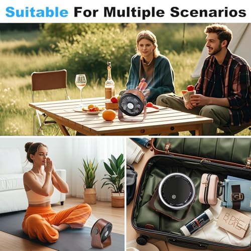 Small Desk Fan 5000mAh Rechargeable Battery – Retro Low Noise Portable Table Fan with 5 Speeds, 360° Rotation, LED Night Light – Perfect for Office Bedroom Kitchen Dorm Camping Wall Mountable-Walnut - color: Walnut