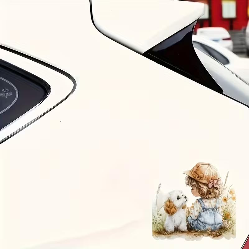 Little Girl with Cute Dog PVC Vinyl Car Decals Stickers Waterproof Self-Adhesive Decals for Cars, Laptops, Trucks, Motorcycles Wall Window Luggage Scratch Cover Door Decor Sticker
