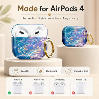 Compatible with AirPod 4 Case 2024, Cute Hard Plastic Protective Cover for Airpod 4th Generation Women, Shockproof Shell Skin with Gold Ring Keychain,Colorful Water Ripple Abstract - color: Colorful Water Ripple Abstract