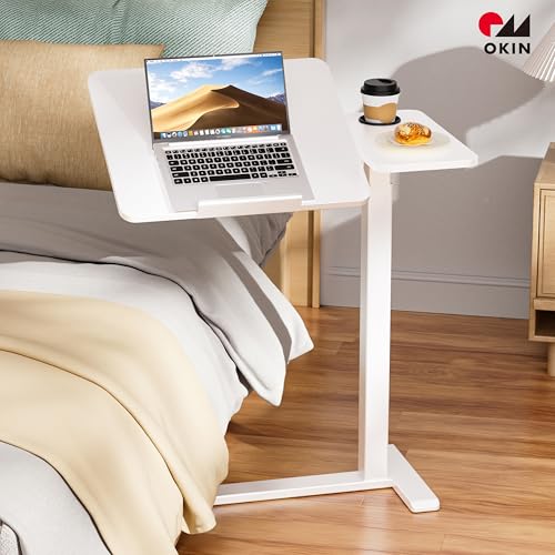 Okin Overbed Bedside Table with Wheels, Adjustable Medical Tilt Top Hospital Bed Table Over The Bed, Rolling Desk Mobile Standing Desk for Hospital Home Use (White) - color: White