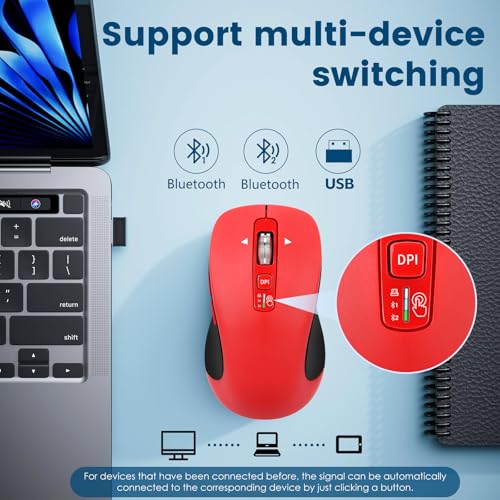 CITLLA Wireless Bluetooth Mouse (USB + BT1 + BT2), Full Size, 4-Way Scrolling, Multi-Device Silent Mouse for Computer, Laptop, iPad, MacBook (Red) - color: Red