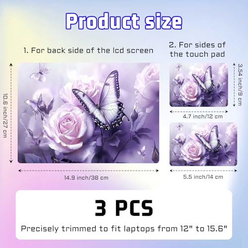 Universal Laptop Skin Sticker Decal, Compatible with MacBook HP Dell Lenovo 12"-15.6", Reusable Vinyl Notebook Cover 3PCS Set, High-Recognition Film-Purple Butterfly Flower - color: Purple Butterfly Flower