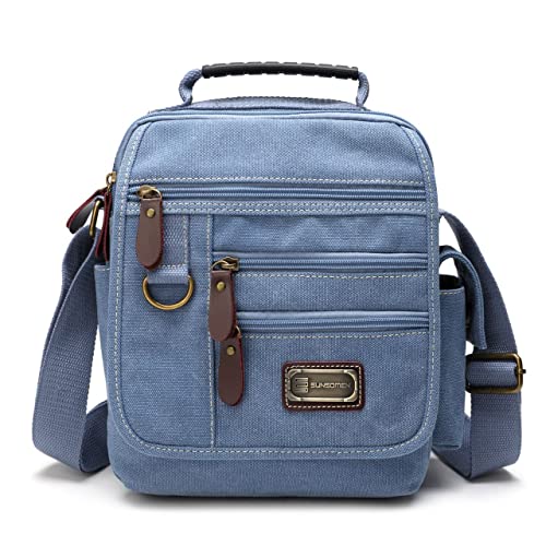 Mens bag Canvas Shoulder Bag Small Messenger Crossbody Bag Work Bag Vintage Multi-function - color: Light Blue