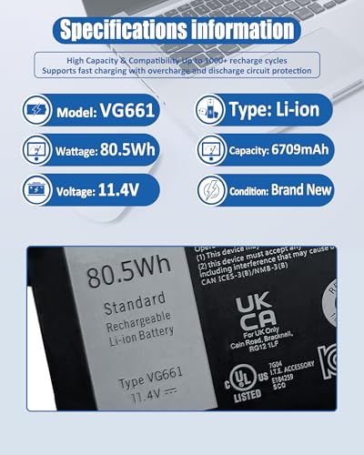 80.5Wh VG661 Battery Replacement for Dell Alienware X14 R1 Alienware X14 R2 Series Notebook 0GD3C9 GD3C9 0V4N84 V4N84 - size: 10.98*4.82*0.20 inch VG661