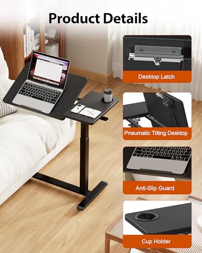 Overbed Table with Wheels, Pneumatic Lift, Foldable Top (Black) | 0-70° Tilt Desktop Bedside Table, Hidden Casters,1.18 In Low-Profile Base Slides Under Beds and Sofas, Holds 88 Lbs - color: Black
