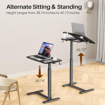 Overbed Table with Wheels, Pneumatic Height and Tilting Desktop | Top Tilts 0-60° with Anti-Slip Stops, Hook, Capacity 66 lbs, 1.18 in Low-Profile Base Slides Easily Under Beds and Sofa - color: Black