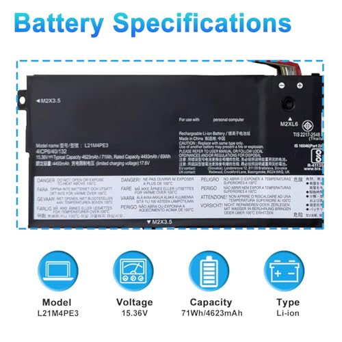 L21M4PE3 L21B4PE2 Laptop Battery for Lenovo IdeaPad Yoga 7 16IAP7 | 14IAL7 14ARB7 82QG 82QF Series L21L4PE0 SB11F38368 5B11F38367 15.36V 71Wh 4623mAh - size: 11.02*4.13*0.20inch L21M4PE3