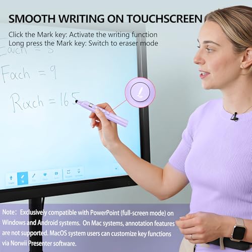 N21 Bluetooth Presentation Clicker for PowerPoint with Retractable Pointer | ①Green laser ②Telescopic touch pen ③Countdown timer, vibration alert ④Customizable Button ⑤Rechargeable;battery level display - color: Purple - Green Pointer