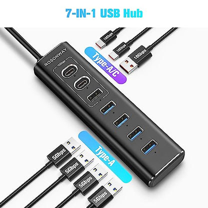 7-Port USB 3.2/USB C Hub with 10Gbps USB-A 3.2, 2 USB-C 3.2, 4 USB 3.0 Ports + 4 Ports USB A/USB C Hub 10Gbps