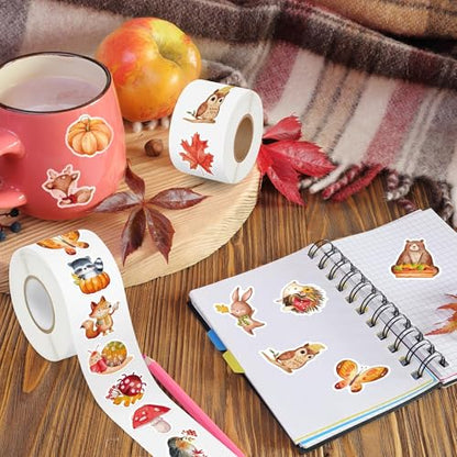 Haooryx Fall Animal Sticker Rolls - 1000Pcs Autumn Watercolor Forest Animal Stickers Self-Adhesive Vinyl Waterproof Thanksgiving Birthday Party Supplies Favor Gift Page Activity Pad Junk Journal Lover - style: Fall-Theme Animal 2Roll