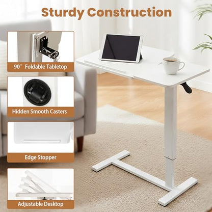 Portable Overbed Rolling Desk, Height Adjustable Mobile Standing Table, Foldable 31 Inch Small Laptop Bedside Desk with Tiltable Desktop, Hidden Wheels, Tray Table for Bed Sofa Side, White - color: White