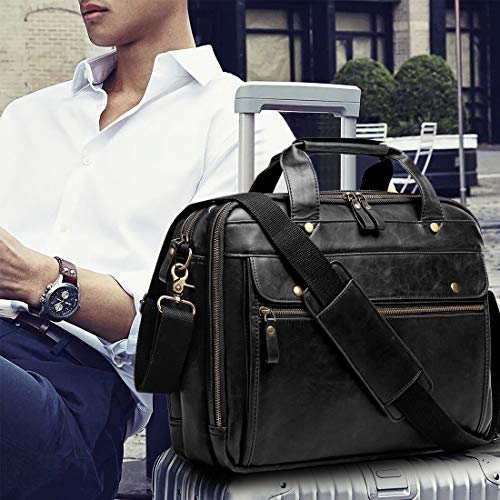 Leather Briefcases for Men 15.6 Inch Laptop Messenger Bag with Triple Compartments Water-Resistant Computer Shoulder Bag for Business, Travel, Work, Office, Black - color: Black