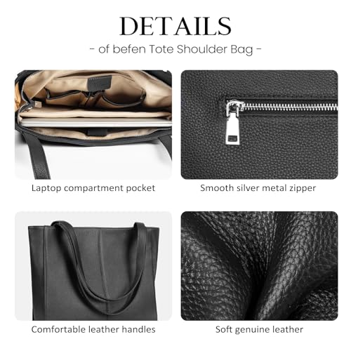 befen Genuine Leather Tote Bag for Women Work Travel Leather Purse Handbags | Real Leather, Padded 14" Laptop Compartment, Multi-Pockets, Zipper, Tote Bag for Daily - color: Black