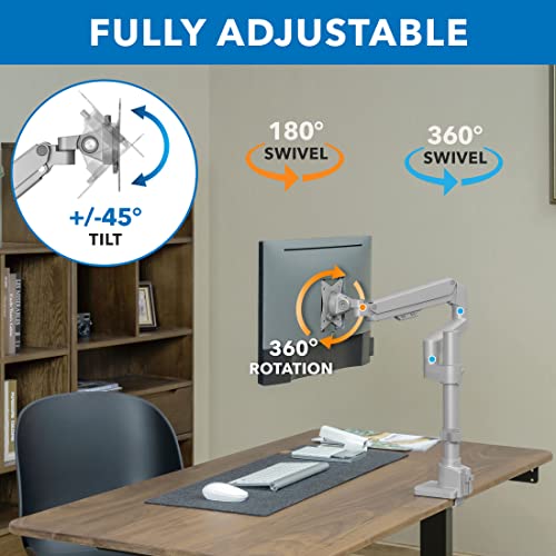 Mount-It! Single Monitor Desk Mount – Pole Mounted Gas Spring Arm, Full Motion Height Adjustable Monitor Stand with C-Clamp or Grommet Base, Fits 19–32 Inch Screens, Silver