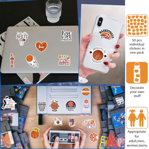 DETICKERS Basketball Stickers for Kids Boys Water Bottles 50 PCS Waterproof Vinyl Gifts for Teen Boys Sports Stickers - style: Basketball