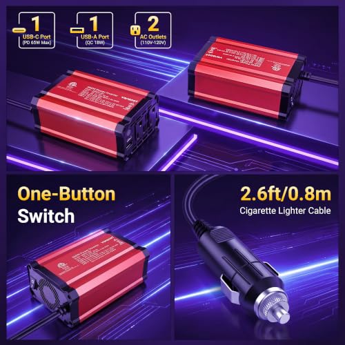 【2026 Upgraded】 300W Car Power Inverter - vansoet DC 12V to 110V AC(2 Outlets) Power Inverters with PD65W & QC18W Fast Charging Port - Car Charger Cigarette Lighter Adapter for Laptop/Phone/Road Trip - color: Red-65